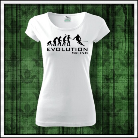 Vtipné dámske tričko Evolution Skiing, darček pre lyžiarku