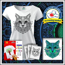 Vyfarbovacia mandala mačky na tričku s patentom