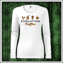 Vtipné dámske dlhorukávové biele tričko Evolution Coffee